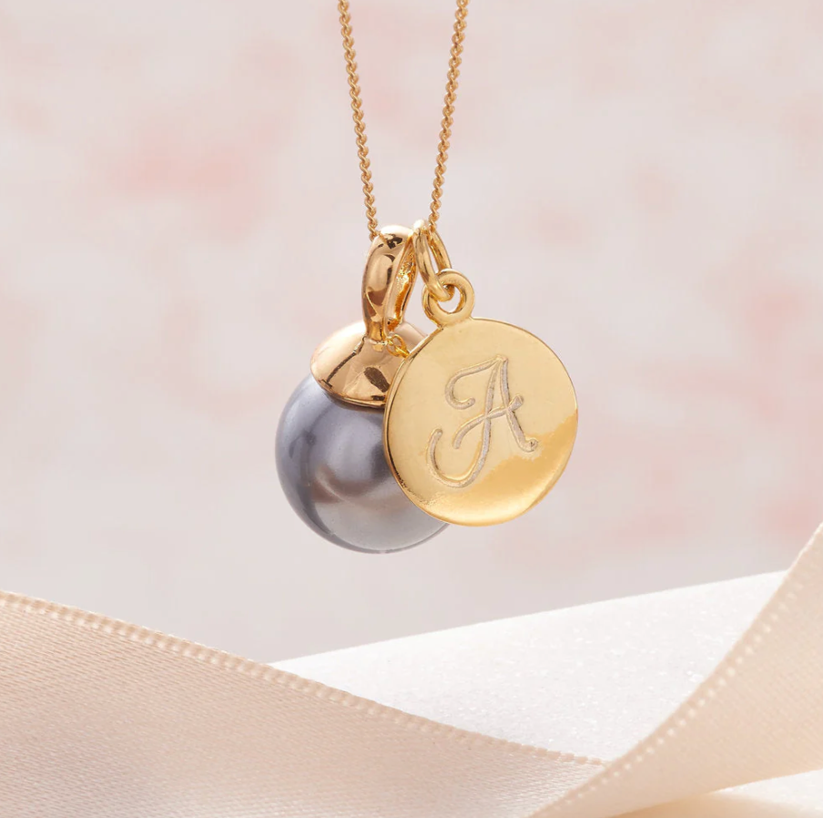 🎁On Sale || Grey Pearl Necklace With Gold Initial Disc Charm