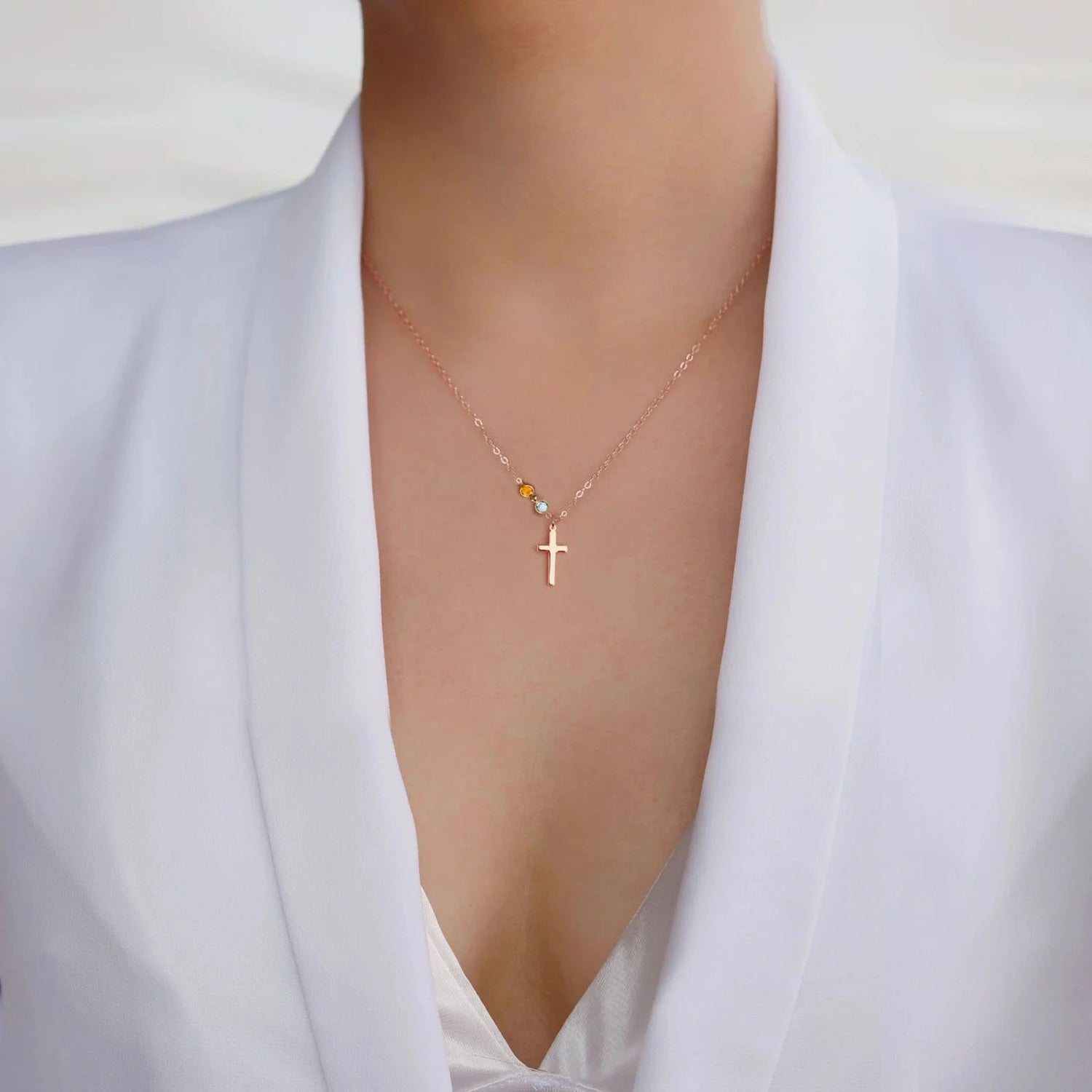 Cross with Tiny birthstone necklace - Family tree necklace