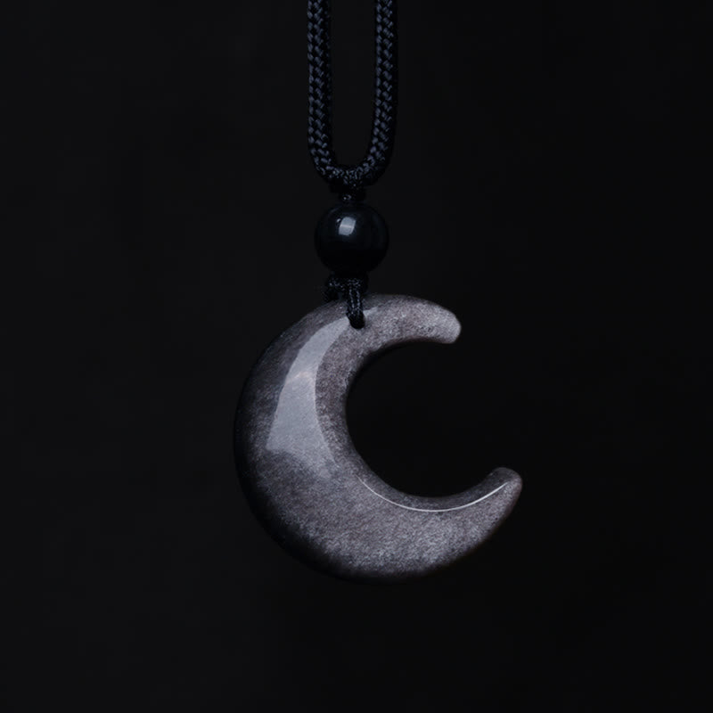 Natural Silver Sheen Obsidian Selenite Crystal Crescent Moon Yin Yang Couple Protection Necklace Pendant