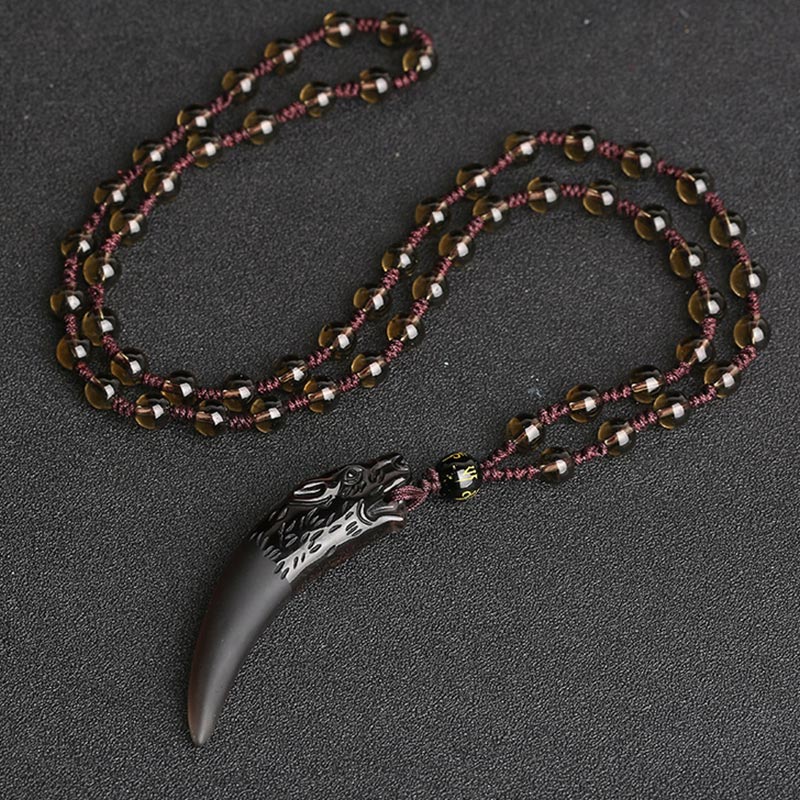 Natural Ice Obsidian Wolf Tooth Pattern Courage Necklace Pendant