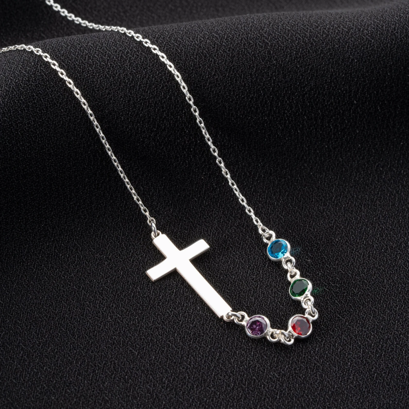 Personalized Birthstone Silver Cross Necklace, Cross Family Birthstone Necklace
