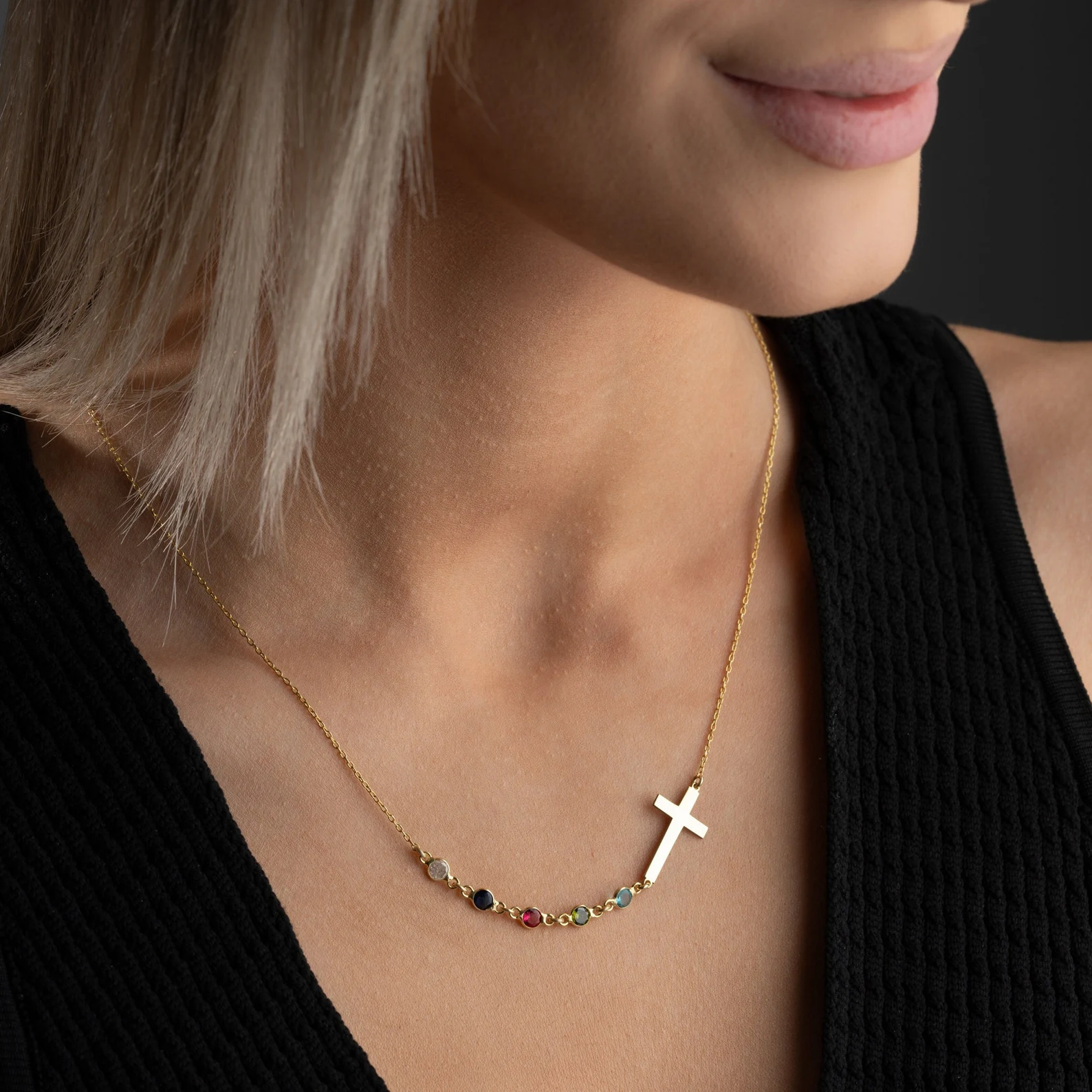 Personalized Birthstone Silver Cross Necklace, Cross Family Birthstone Necklace