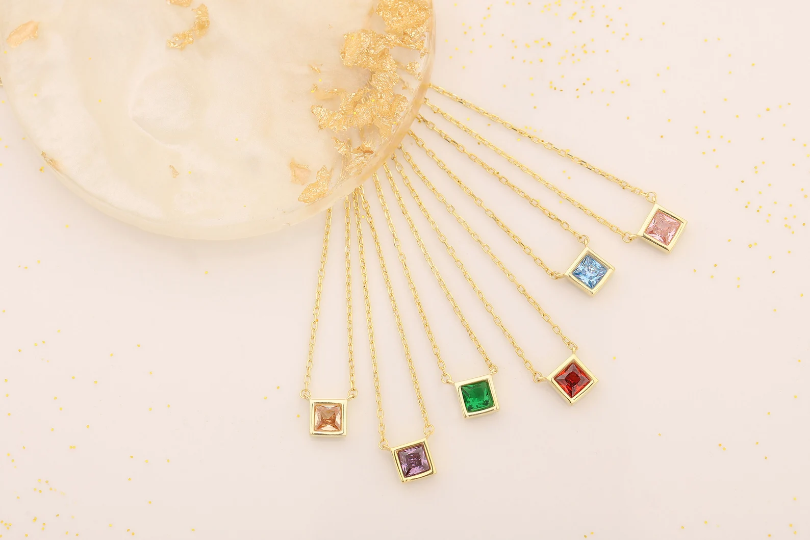 Square Birthstone Necklace, Family Birthstone Crystal Necklace