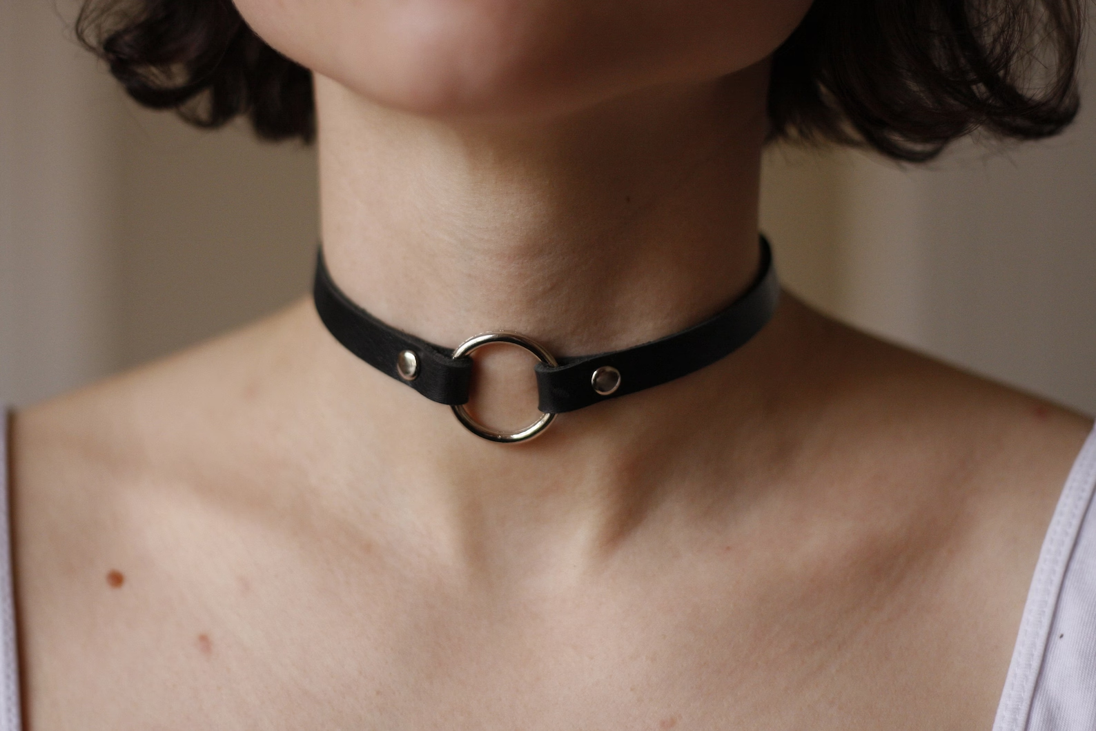 Black Leather choker O ring choker Handmade unique choker with snap button