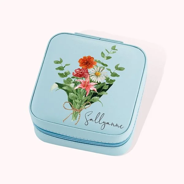 Personalized Leather Name Travel Jewelry Box with Watercolor Birth Flowers