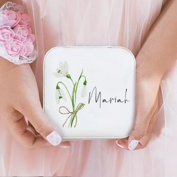 Personalized Leather Name Travel Jewelry Box with Watercolor Birth Flowers