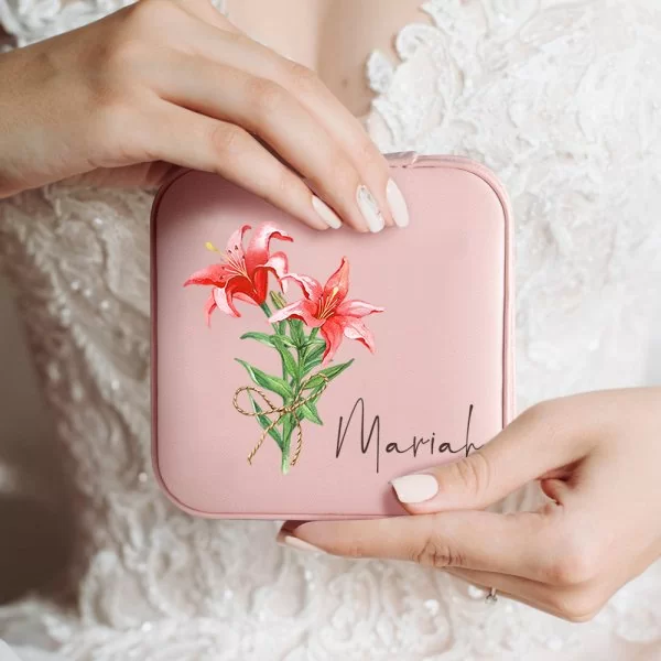 Personalized Leather Name Travel Jewelry Box with Watercolor Birth Flowers