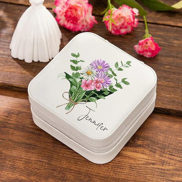 Personalized Leather Name Travel Jewelry Box with Watercolor Birth Flowers