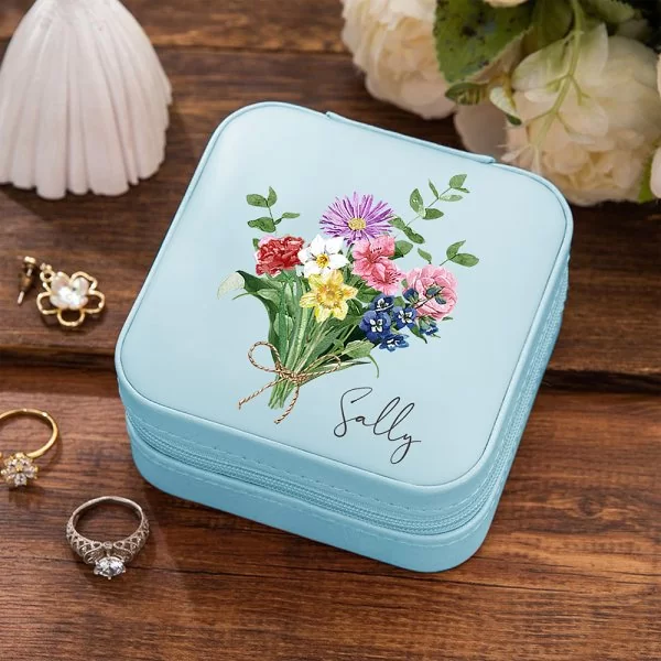 Personalized Leather Name Travel Jewelry Box with Watercolor Birth Flowers