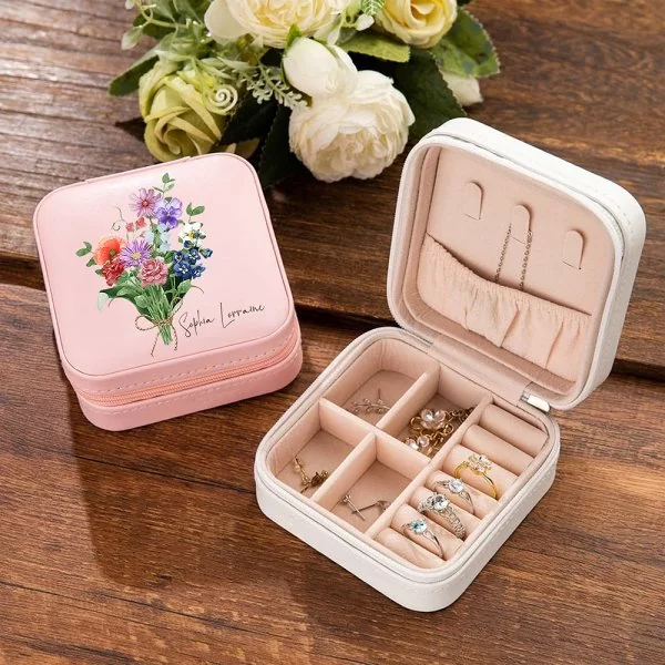 Personalized Leather Name Travel Jewelry Box with Watercolor Birth Flowers