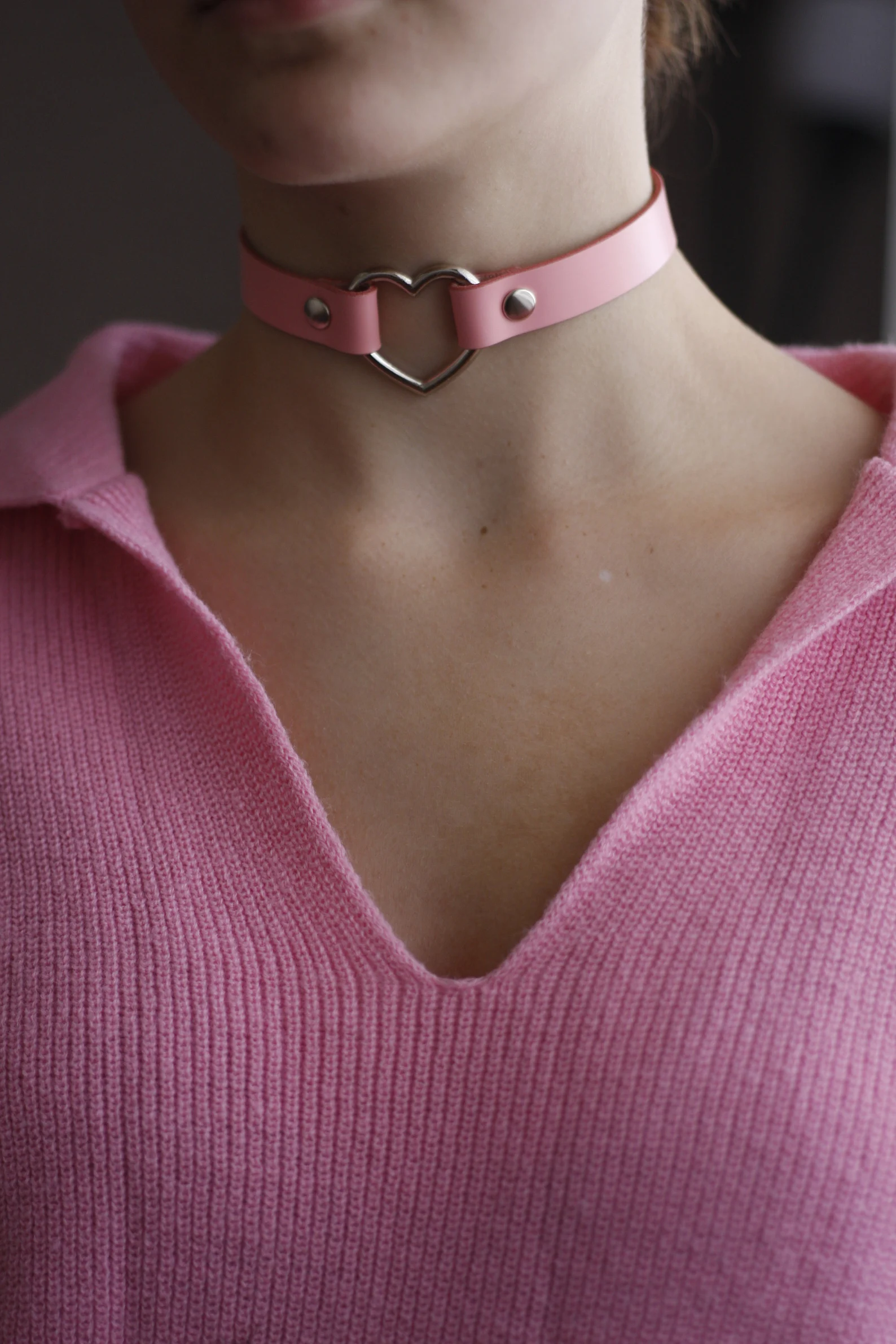 Pink Leather choker heart ring choker Handmade unique choker Custom size available