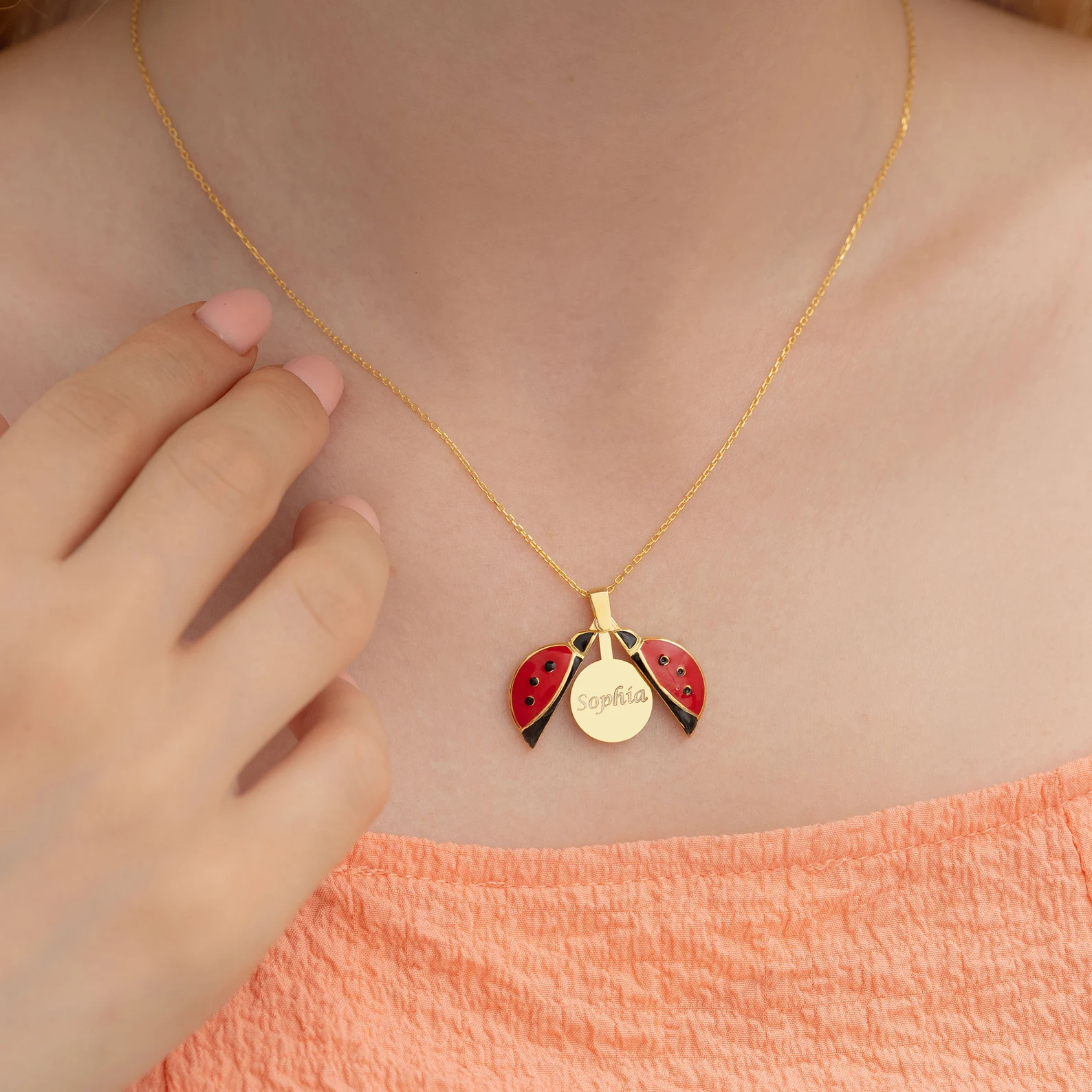 Miraculous Personalized Ladybug Jewelry, Gold Custom Ladybug Necklace