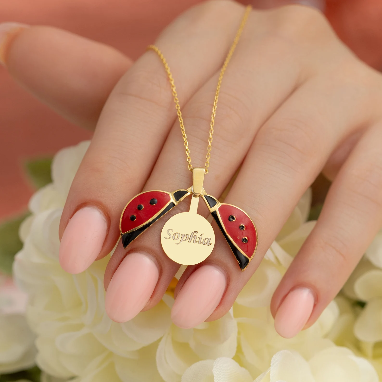 Miraculous Personalized Ladybug Jewelry, Gold Custom Ladybug Necklace