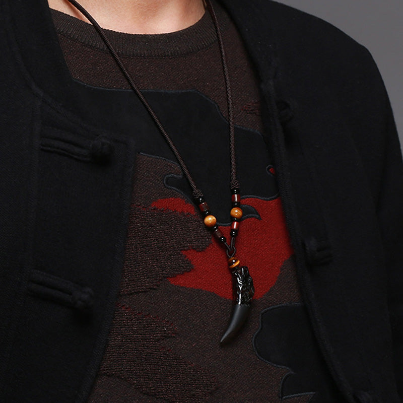 Natural Ice Obsidian Wolf Tooth Pattern Courage Necklace Pendant