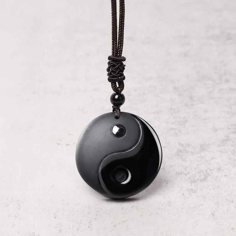 Black Obsidian Taoism Five Sacred Mountains Nine-Character Mantra Carved Purification Yin Yang Necklace Pendant