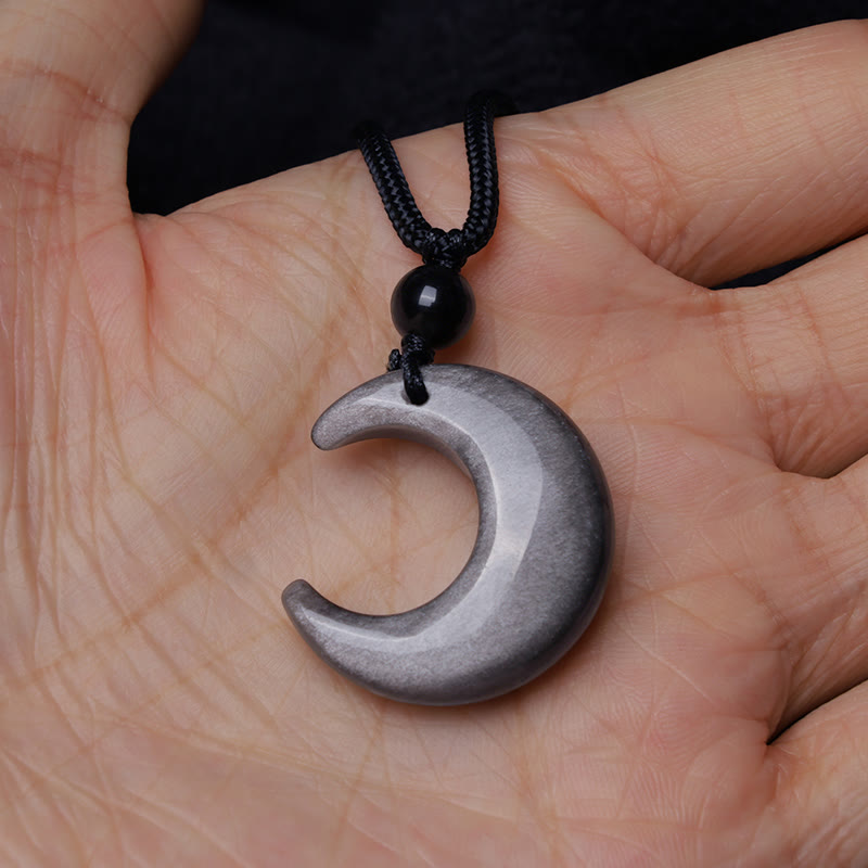 Natural Silver Sheen Obsidian Selenite Crystal Crescent Moon Yin Yang Couple Protection Necklace Pendant