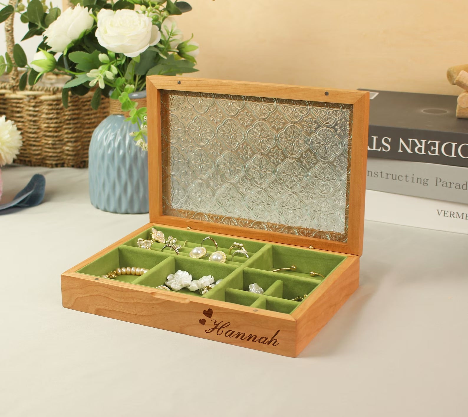 Vintage Solid Wood Glass Jewelry Box•Large Wooden Jewelry Box