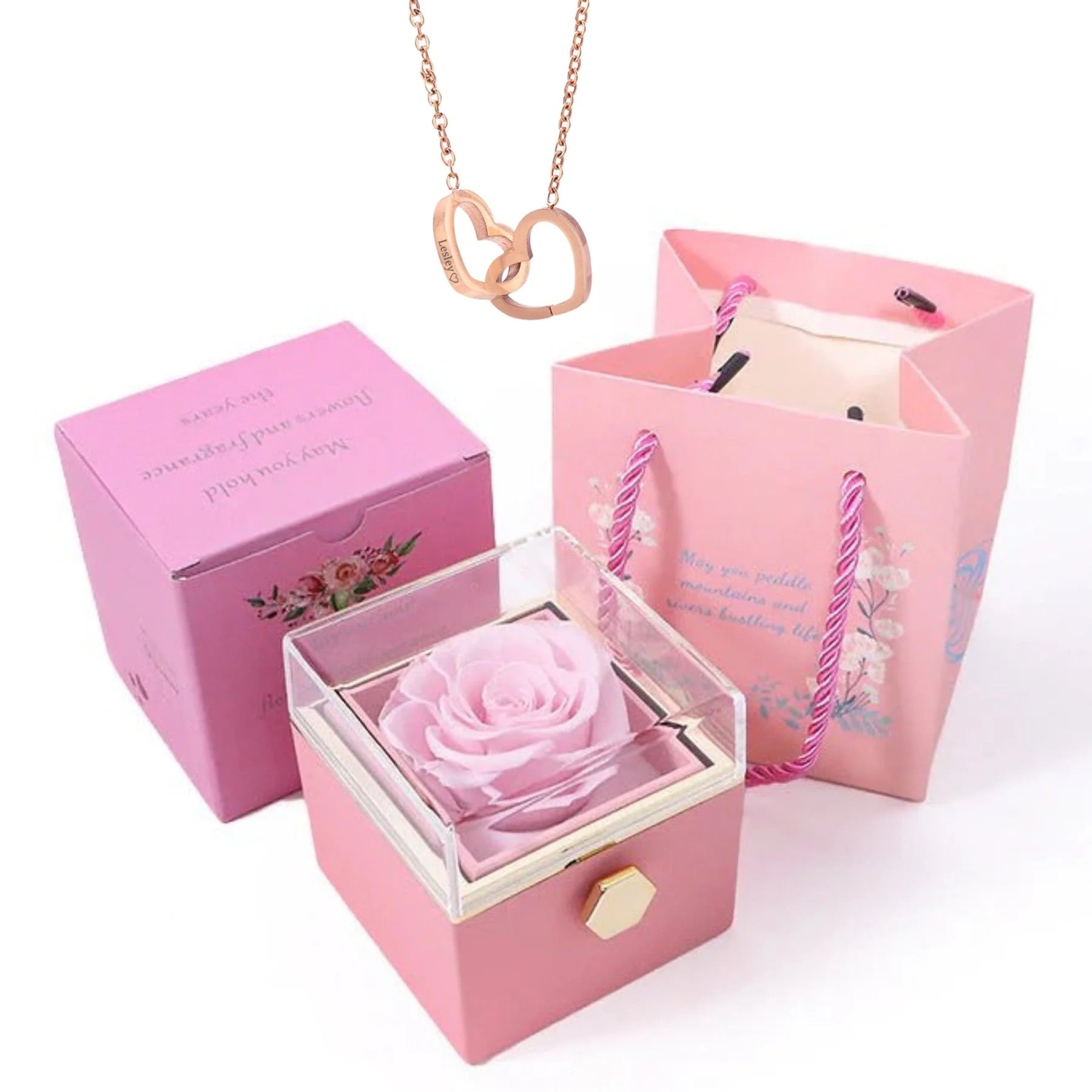 Valentine's Day Gift Rotating Preserved Rose Box-Custom Interlock Heart Necklace