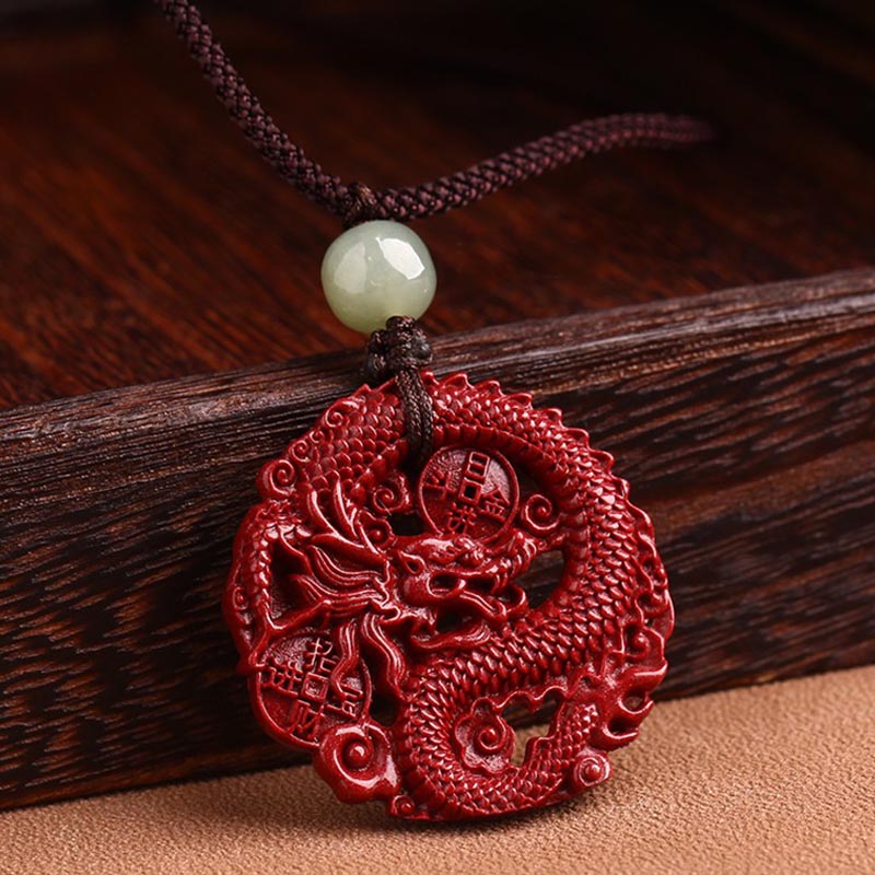 Year Of The Dragon Natural Cinnabar Hetian Jade Bead Copper Coin Attract Wealth Strength Necklace Pendant