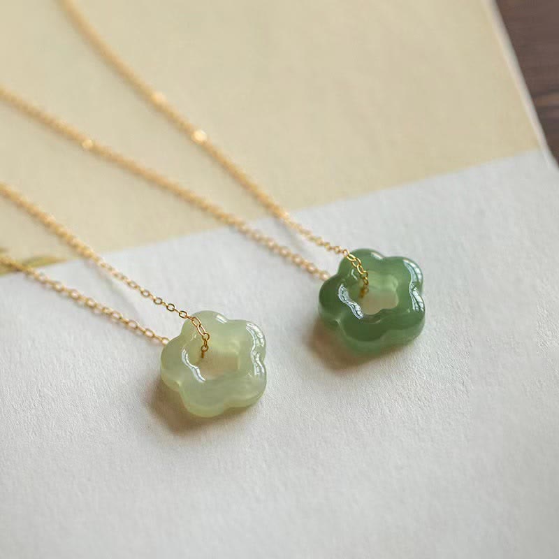 Dainty Hetian Jade Cyan Jade Luck Floral Charm Necklace Pendant