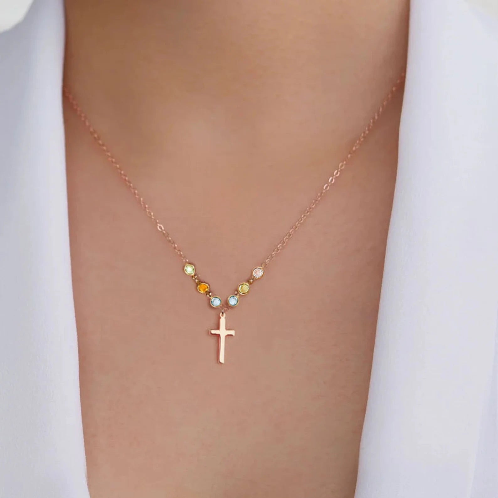 Sterling Silver Cross with Tiny birthstone necklace - Family tree necklace