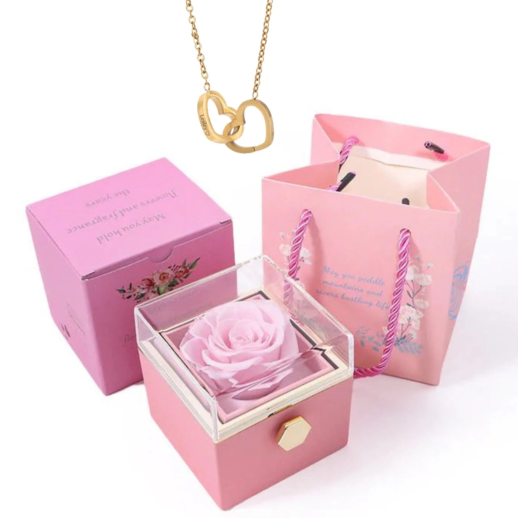 Valentine's Day Gift Rotating Preserved Rose Box-Custom Interlock Heart Necklace