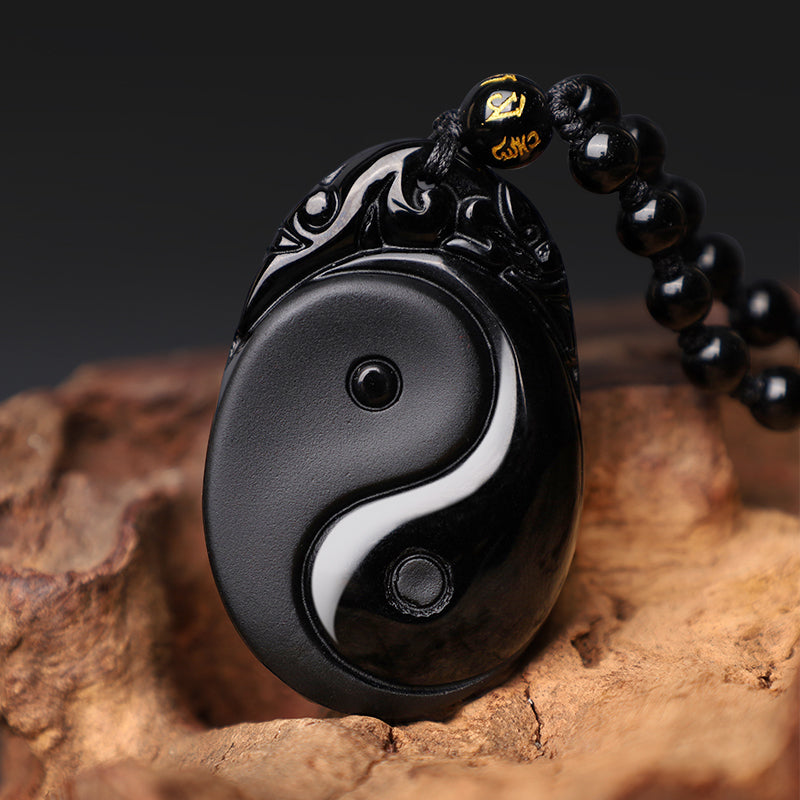 Natural Black Obsidian Yin Yang Fulfilment Strength Necklace Pendant