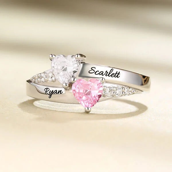 Personalized Engraved Double Heart Birthstone Promise Ring with Rose Ring Box