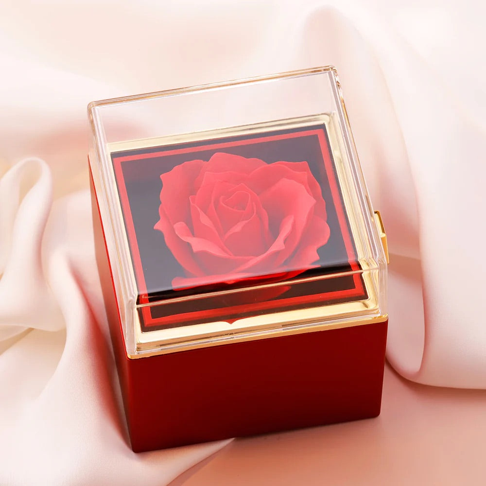 Valentine's Day Gift Rotating Preserved Rose Box-Custom Interlock Heart Necklace