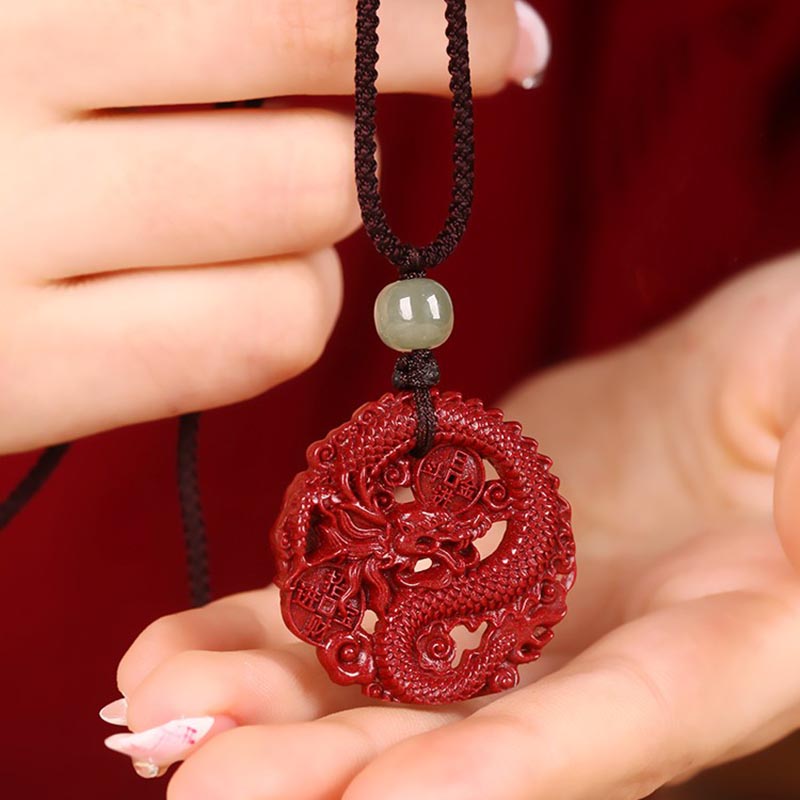 Year Of The Dragon Natural Cinnabar Hetian Jade Bead Copper Coin Attract Wealth Strength Necklace Pendant