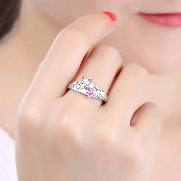 Personalized Engraved Double Heart Birthstone Promise Ring with Rose Ring Box