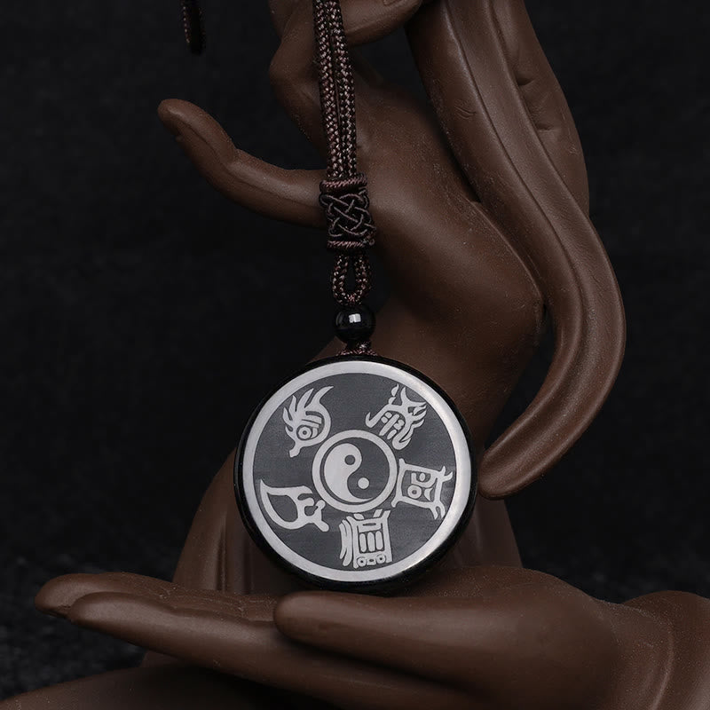 Black Obsidian Taoism Five Sacred Mountains Nine-Character Mantra Carved Purification Yin Yang Necklace Pendant