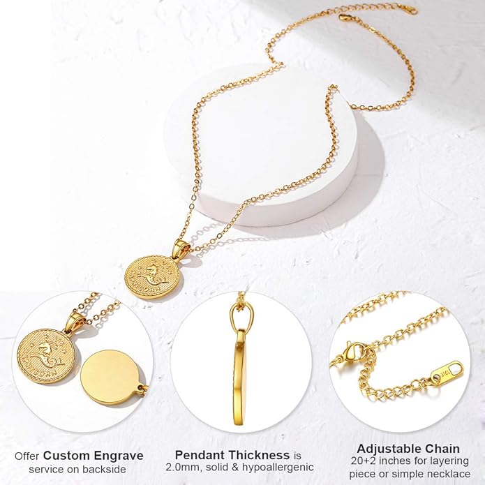 Gold Zodiac Necklace for Women Men, Constellation Coin Horoscope Astrology Pendant Necklaces Lucky Jewelry