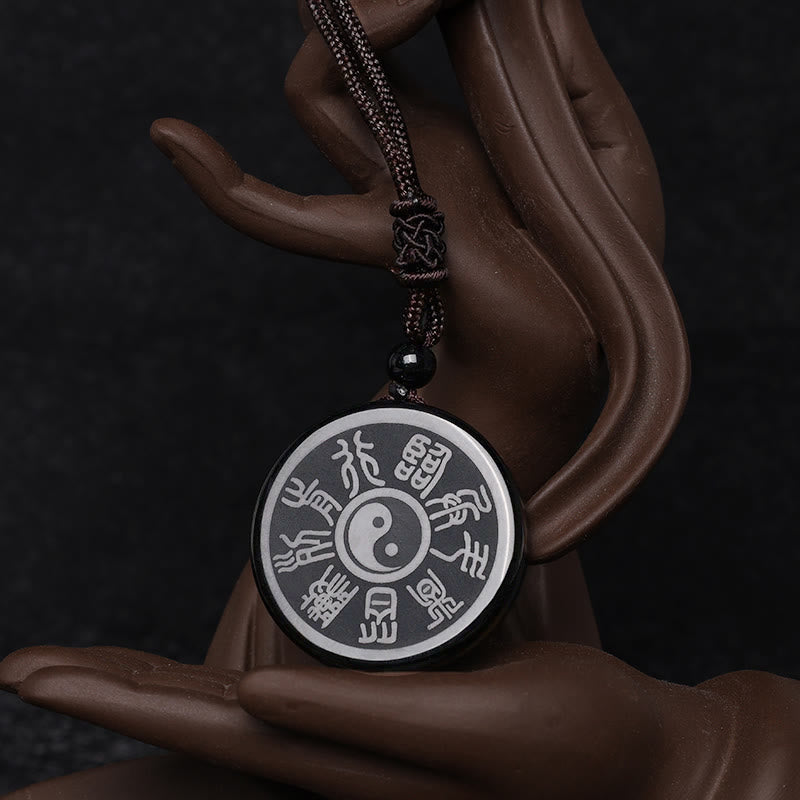 Black Obsidian Taoism Five Sacred Mountains Nine-Character Mantra Carved Purification Yin Yang Necklace Pendant