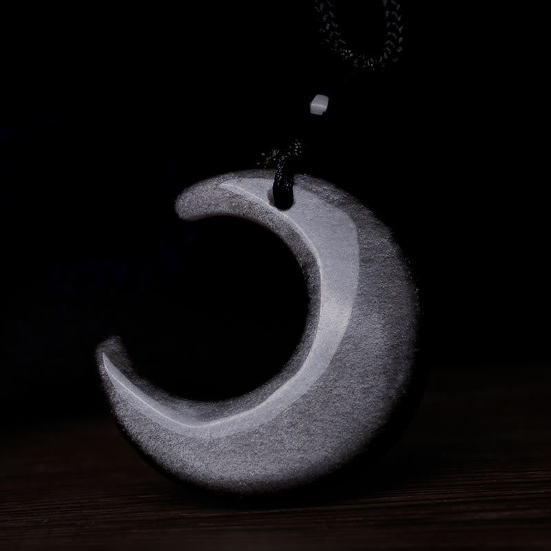 Natural Silver Sheen Obsidian Selenite Crystal Crescent Moon Yin Yang Couple Protection Necklace Pendant