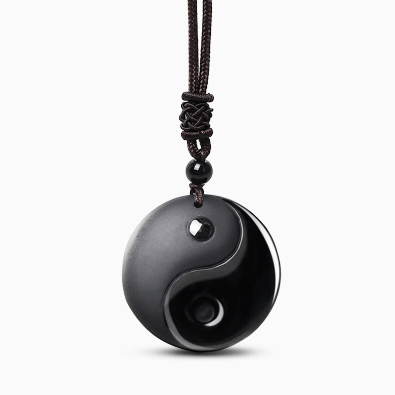 Black Obsidian Taoism Five Sacred Mountains Nine-Character Mantra Carved Purification Yin Yang Necklace Pendant