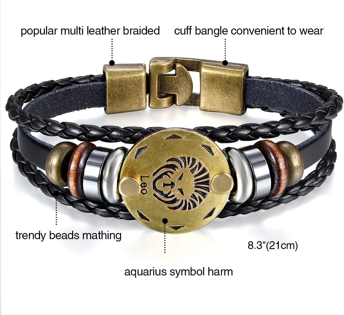 Mens Womens Punk Multi-layer 12 Zodiac Signs Constellation Astrology Braided Leather Cuff Bracelet