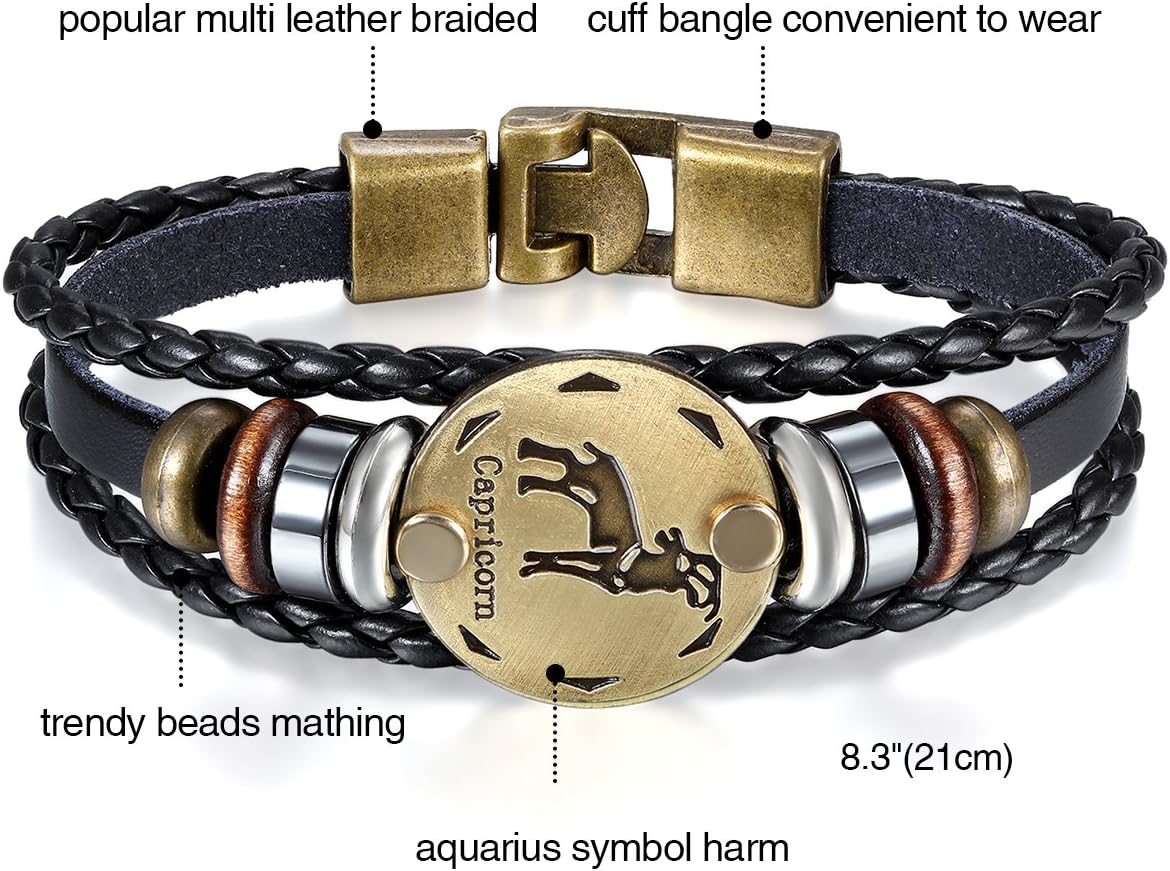 Mens Womens Punk Multi-layer 12 Zodiac Signs Constellation Astrology Braided Leather Cuff Bracelet