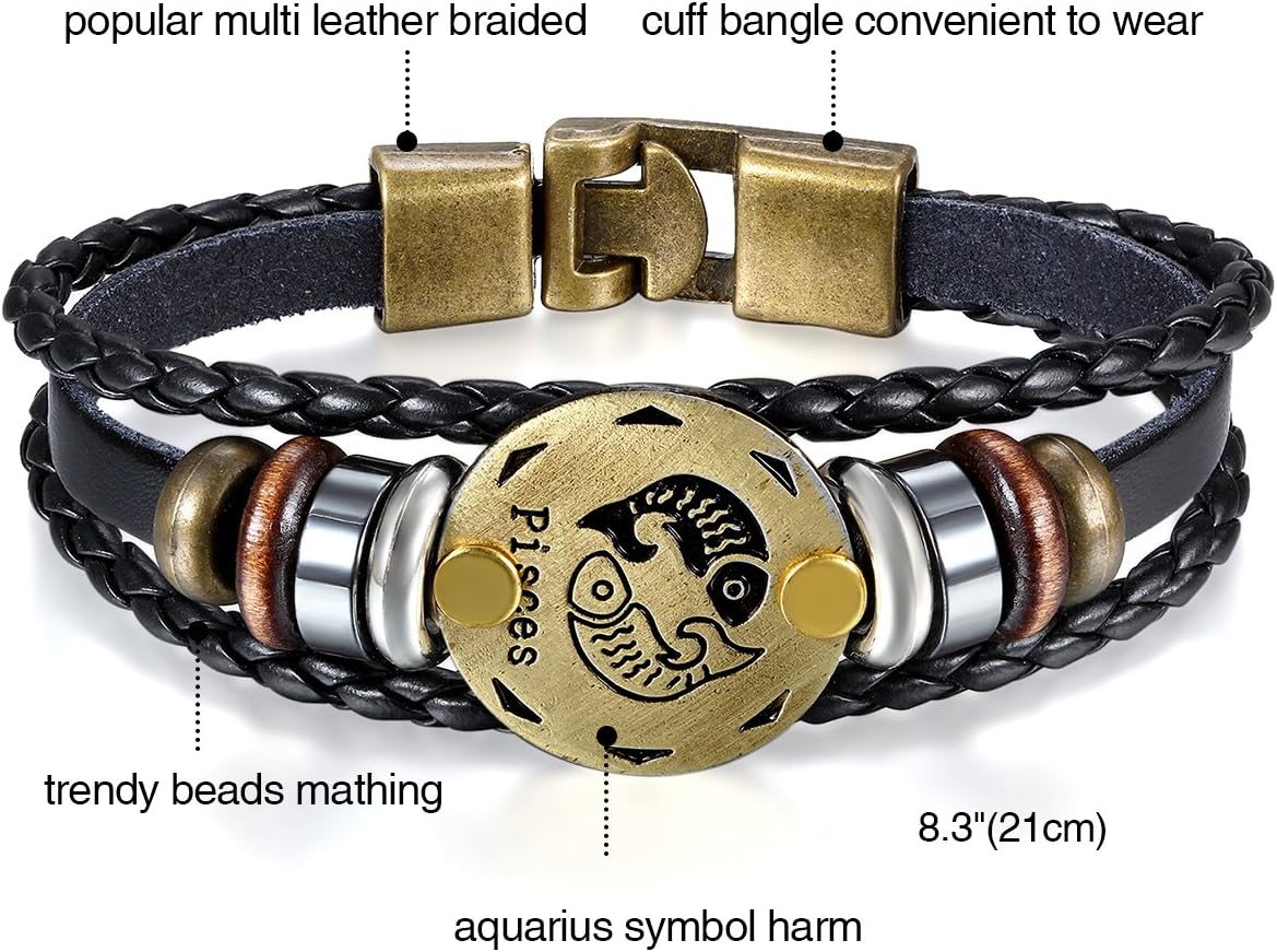 Mens Womens Punk Multi-layer 12 Zodiac Signs Constellation Astrology Braided Leather Cuff Bracelet