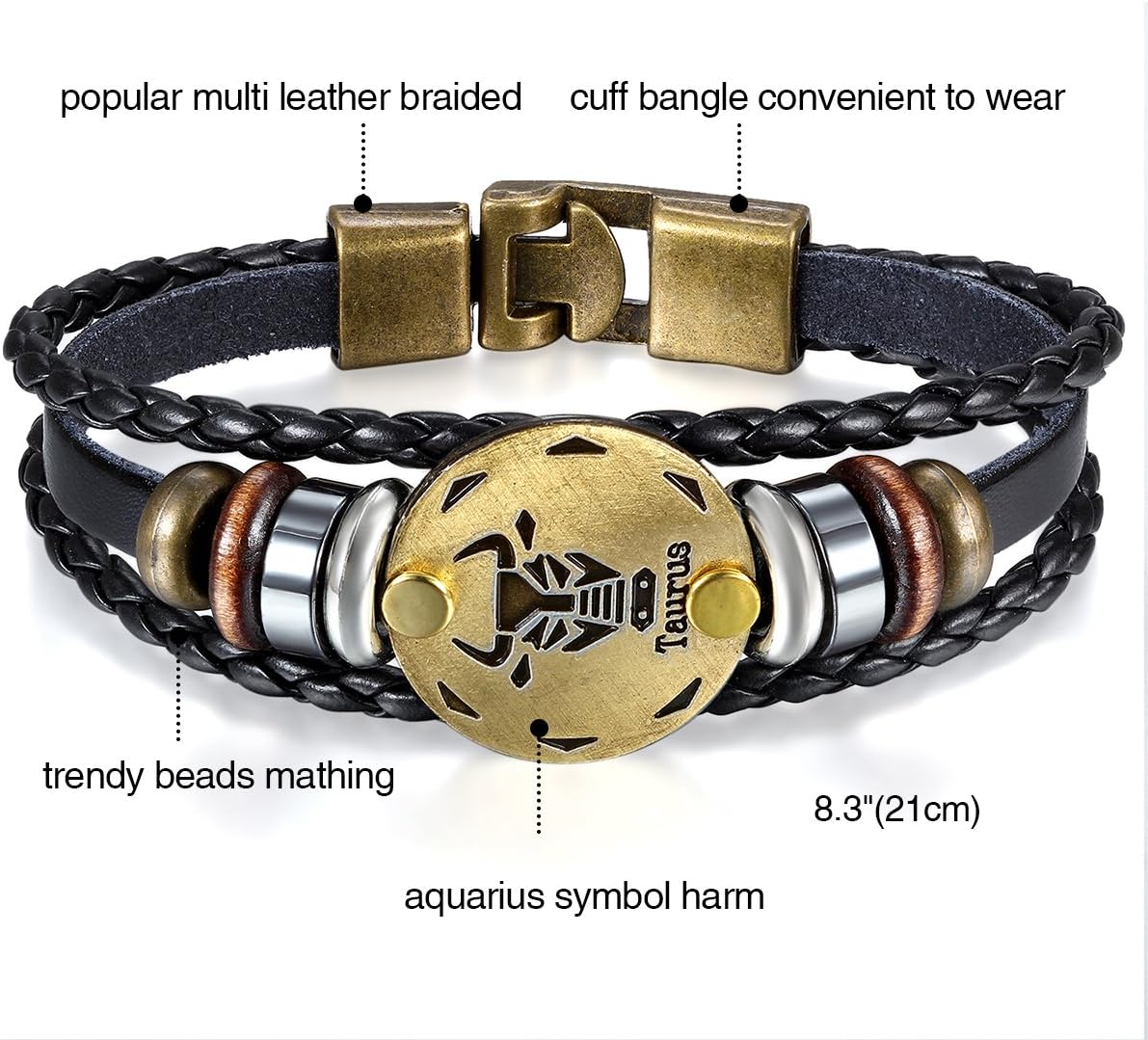 Mens Womens Punk Multi-layer 12 Zodiac Signs Constellation Astrology Braided Leather Cuff Bracelet