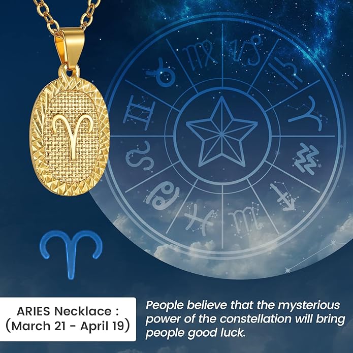 Gold Zodiac Necklace for Women Men, Constellation Coin Horoscope Astrology Pendant Necklaces Lucky Jewelry