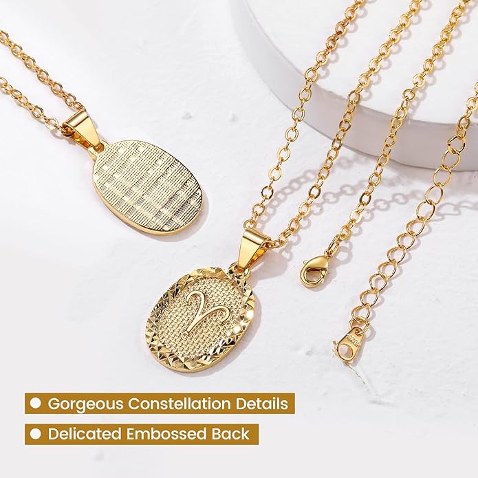 Gold Zodiac Necklace for Women Men, Constellation Coin Horoscope Astrology Pendant Necklaces Lucky Jewelry