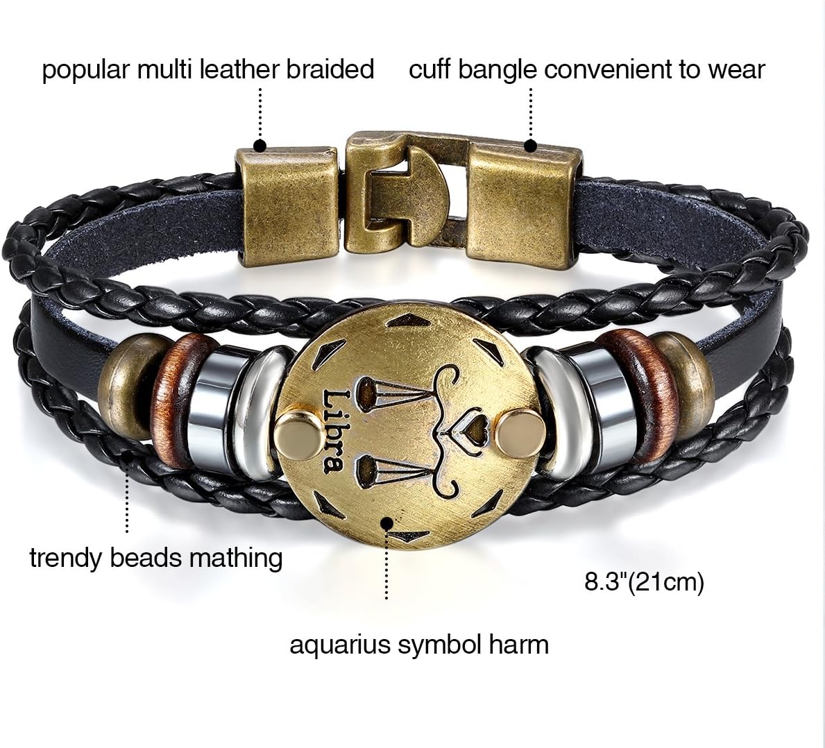 Mens Womens Punk Multi-layer 12 Zodiac Signs Constellation Astrology Braided Leather Cuff Bracelet