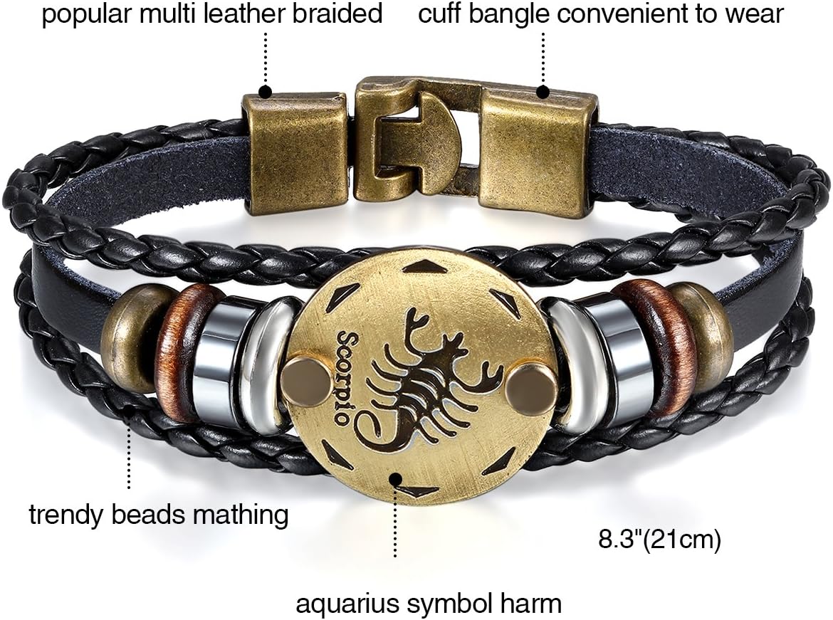 Mens Womens Punk Multi-layer 12 Zodiac Signs Constellation Astrology Braided Leather Cuff Bracelet