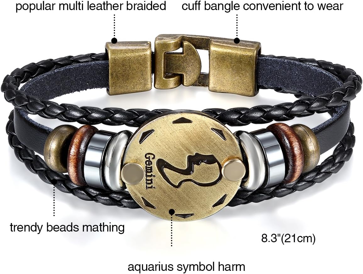 Mens Womens Punk Multi-layer 12 Zodiac Signs Constellation Astrology Braided Leather Cuff Bracelet