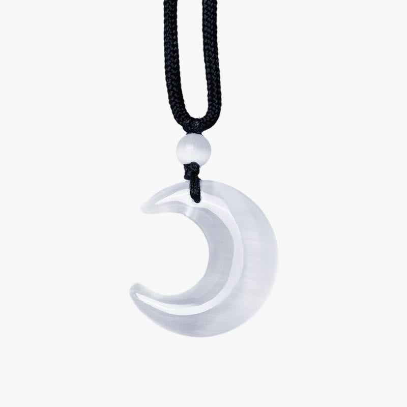 Natural Silver Sheen Obsidian Selenite Crystal Crescent Moon Yin Yang Couple Protection Necklace Pendant