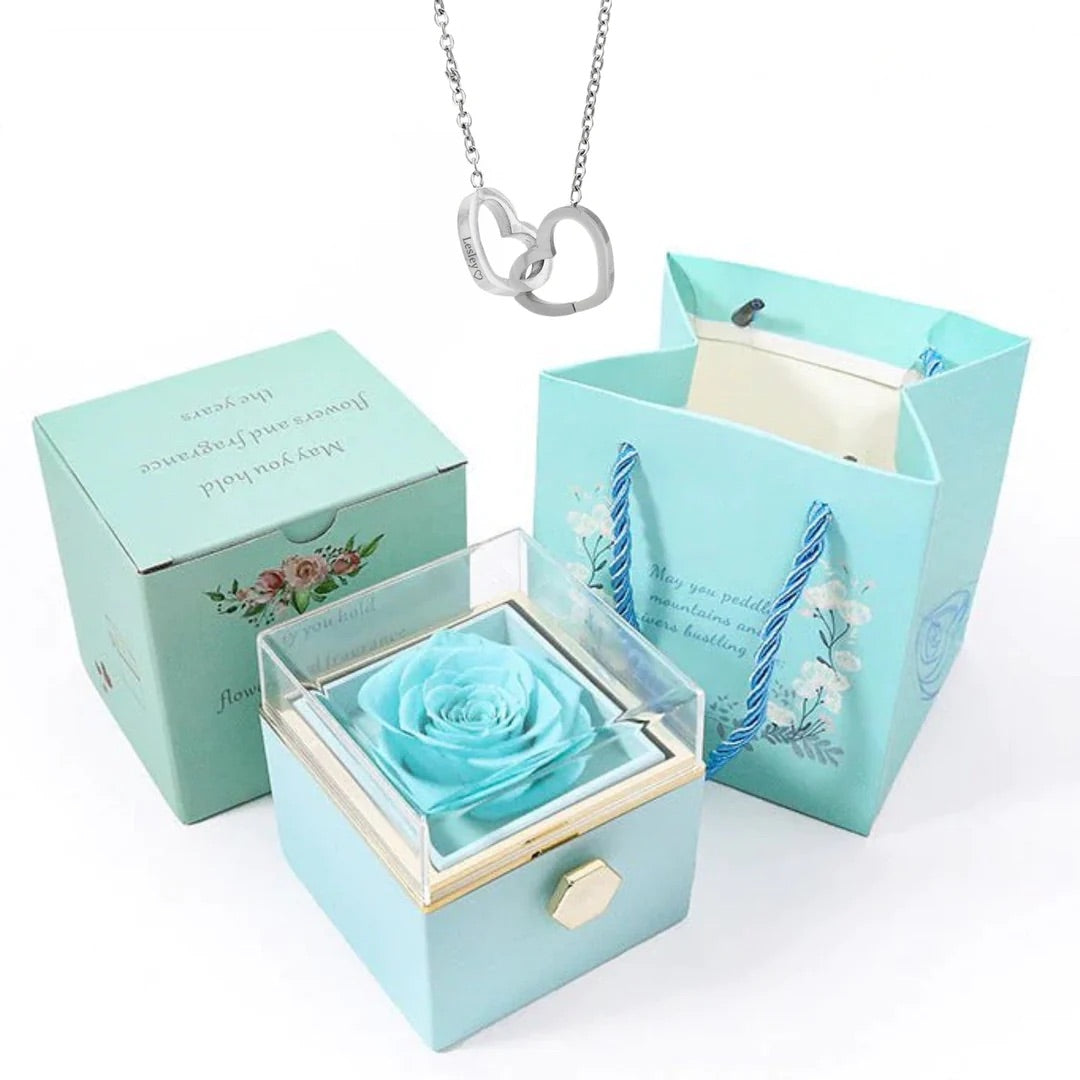 Valentine's Day Gift Rotating Preserved Rose Box-Custom Interlock Heart Necklace