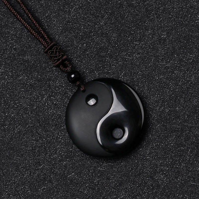 Black Obsidian Taoism Five Sacred Mountains Nine-Character Mantra Carved Purification Yin Yang Necklace Pendant