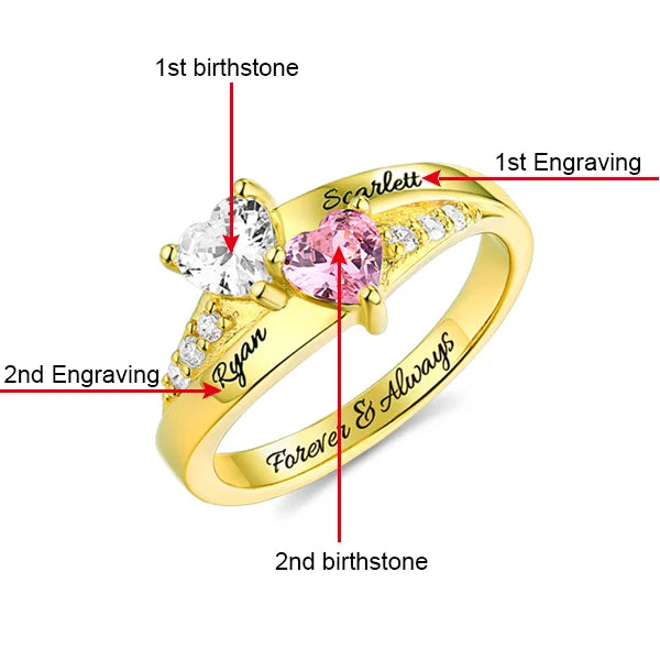 Personalized Engraved Double Heart Birthstone Promise Ring with Rose Ring Box