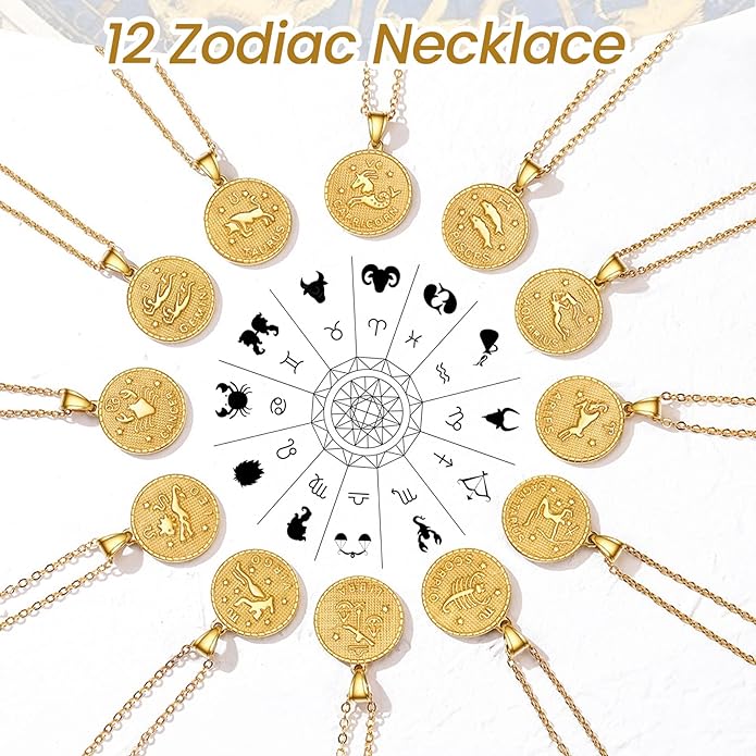 Gold Zodiac Necklace for Women Men, Constellation Coin Horoscope Astrology Pendant Necklaces Lucky Jewelry